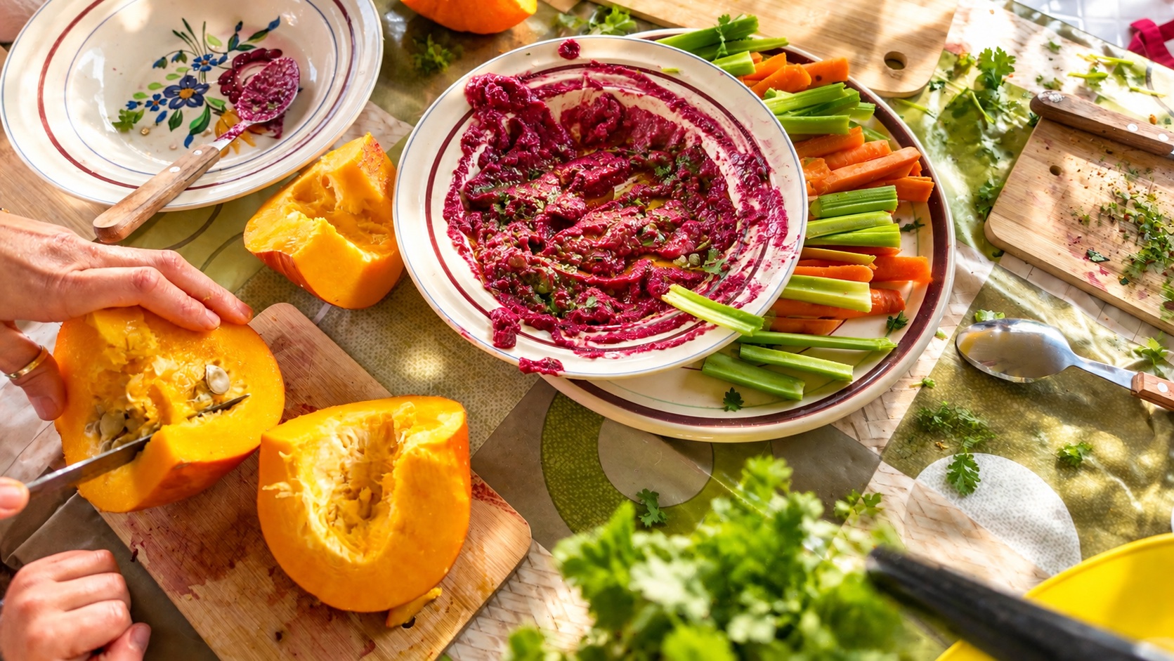 Préparation colorée de légumes et tartinade pendant l’atelier